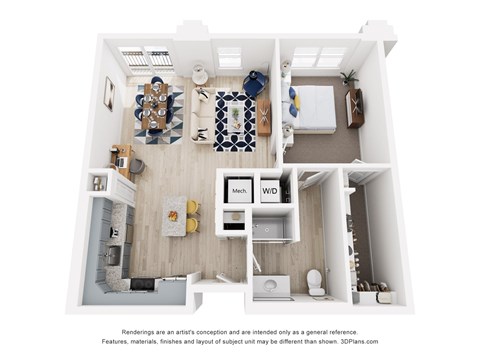 A 3D floor plan of a small apartment with a kitchen, living room, and bathroom.
